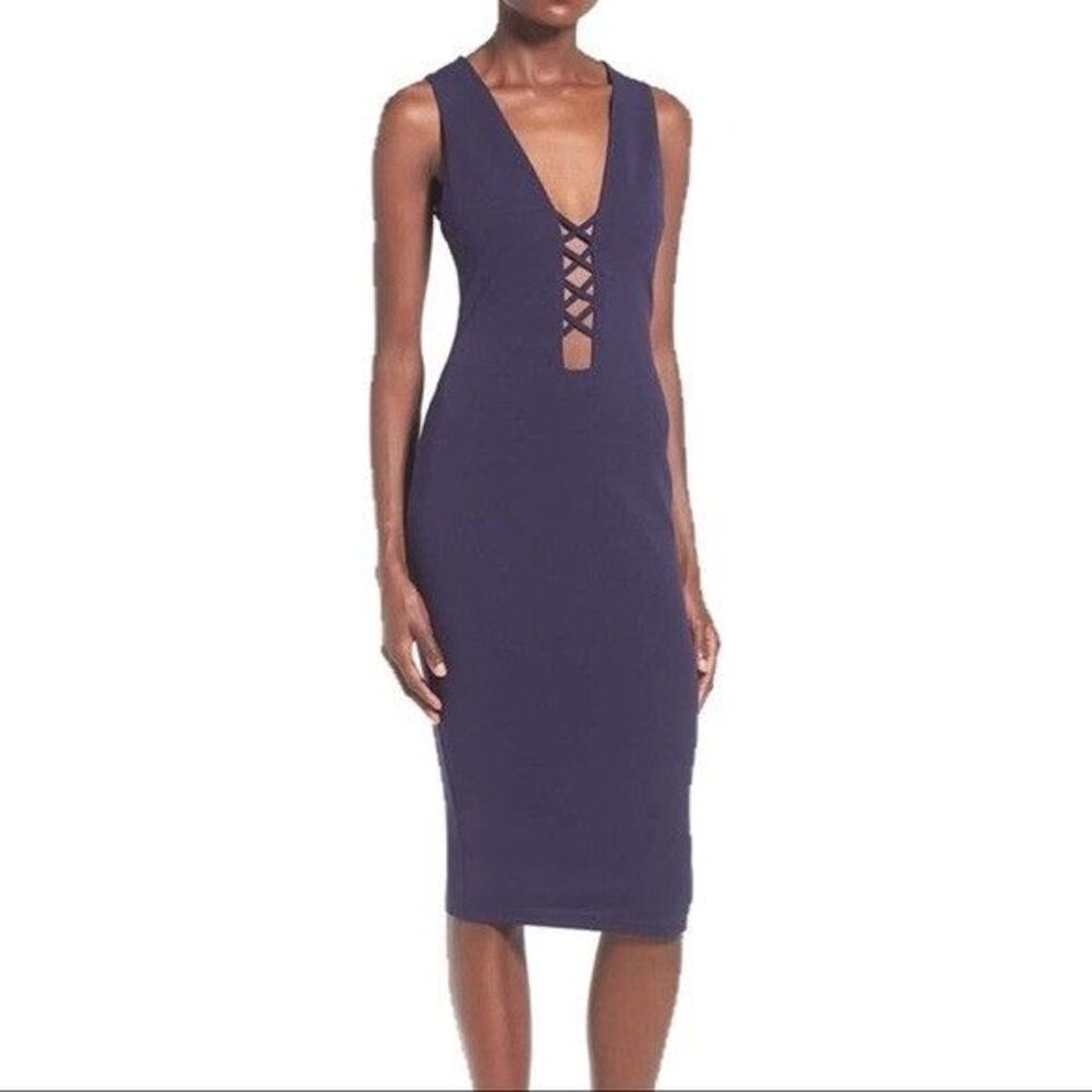Missguided Deep Lattice V-Neckline Sleeveless Navy Midi Bodycon Dress Size 10